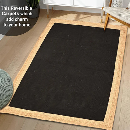 Kuber Industries 5x7 Feet Reversible Carpets for Living Room Machine Washable Border Black & Beige