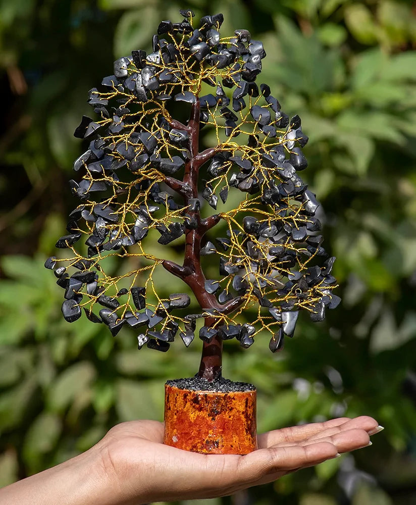 Hindcraft Black Tourmaline Crystal Tree Golden Wire 10-12 inch