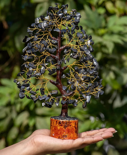 Hindcraft Black Tourmaline Crystal Tree Golden Wire 10-12 inch