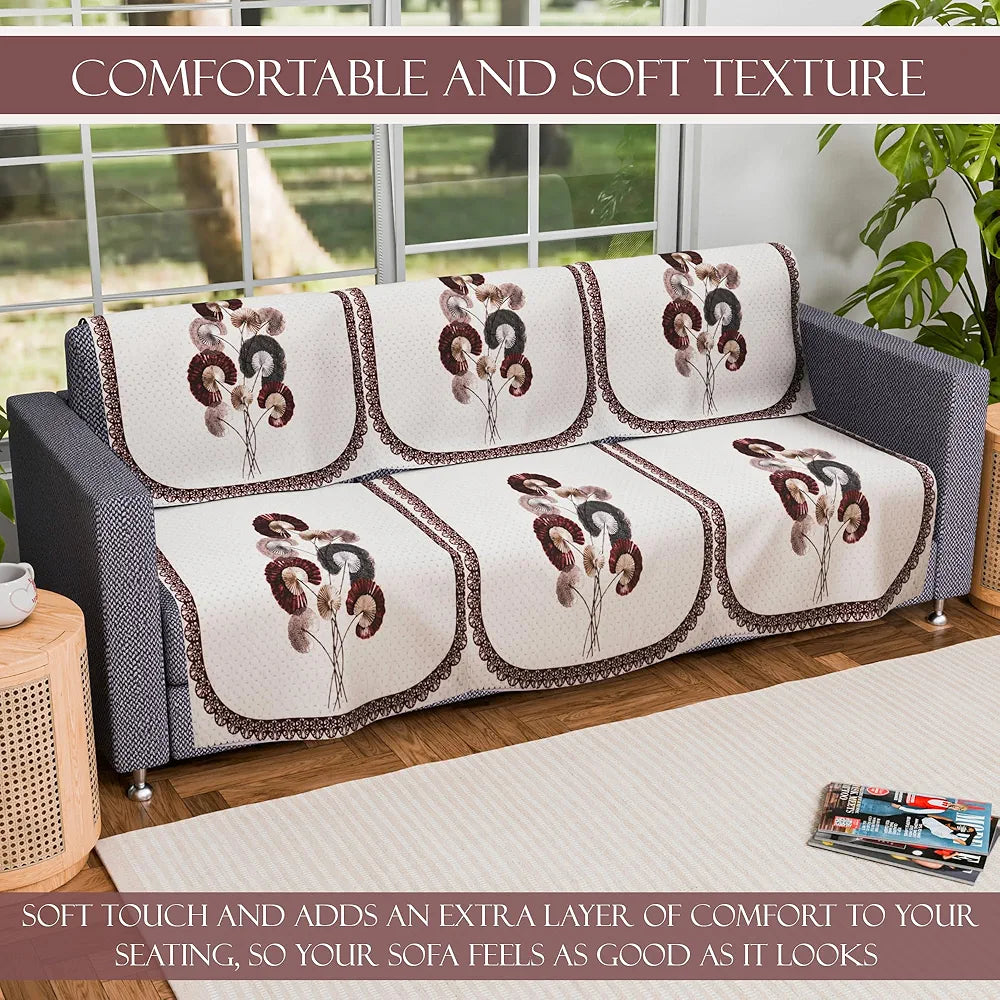 Kuber Industries Set of 6 Velvet 3 Seater Sofa Covers for Living Room Digital Flower-Cream & Brown