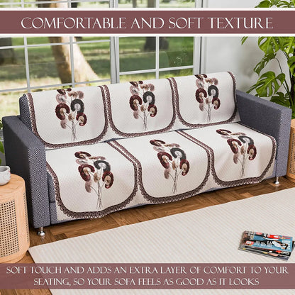 Kuber Industries Set of 6 Velvet 3 Seater Sofa Covers for Living Room Digital Flower-Cream & Brown