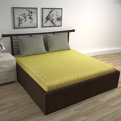 Divine Casa 144 TC 100% Pure Cotton Double Bedsheet with 2 Pillow Covers Ikat Diamond Print Colour Mustard Yellow