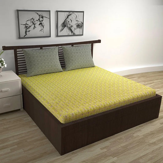 Divine Casa 144 TC 100% Pure Cotton Double Bedsheet with 2 Pillow Covers Ikat Diamond Print Colour Mustard Yellow