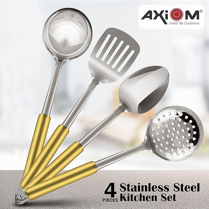 Axiom Kitchen Tools Stainless Steel with Golden Handle Heavy Gauge Non-Stick 4 Piece Set