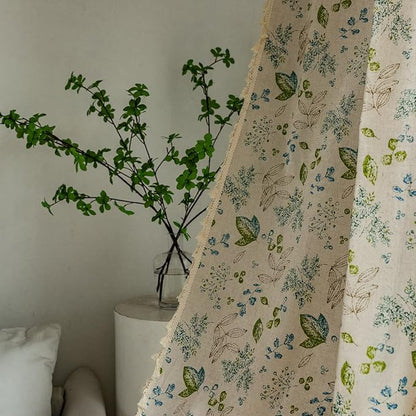 Huesland Cotton Curtains for Door, 7 Feet Long 1 Bohemian Eyelet Curtain | Green Leaf Floral
