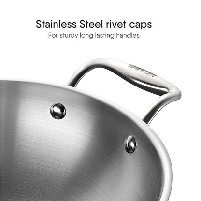 Stahl Artisan Triply Stainless Steel Round Bottom Kadhai With Lid | Extra Deep Kadai | 2.3 L | 22 Cm
