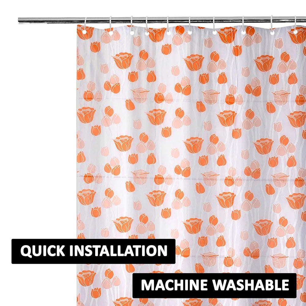 Kuber Industries Shower Curtain Bathroom Shower Curtain 8 Rings Curtain Orange Gulab Blury Transparent