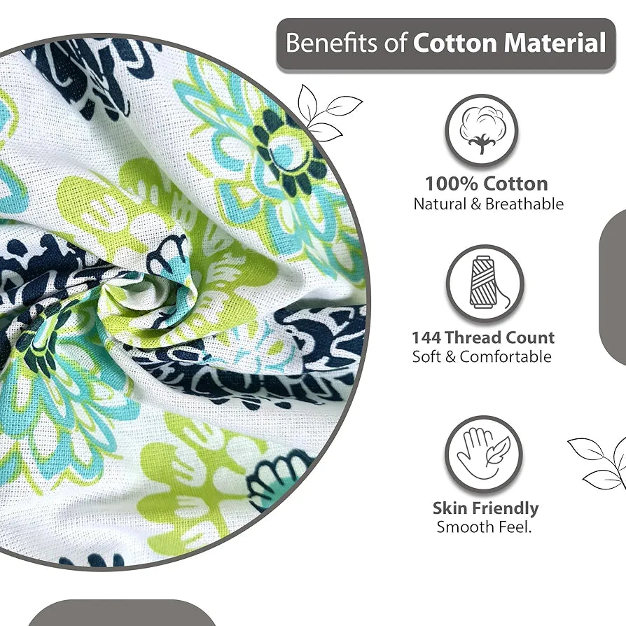 Divine Casa Double Size Bedsheet for Double Bed 144 TC Pure Cotton Queen Size with 2 Pillow Covers Floral Colour Green Blue