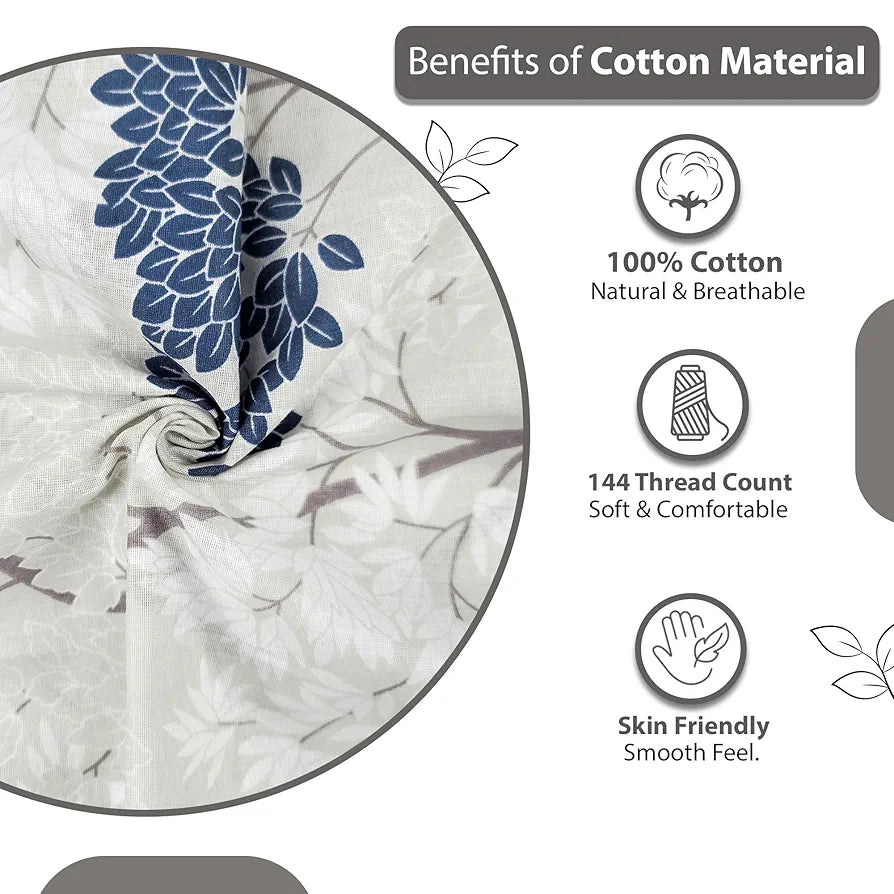 Divine Casa 144 TC Pure Cotton Single Bedsheet with 1 Pillow Cover Floral Pattern Colour Grey Blue