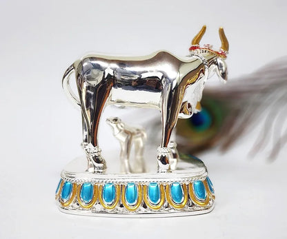 Gold Art India Kamdhenu Cow with Calf 999 Silver Plated Plain Large Size