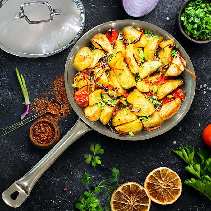 Solara Triply Stainless Steel Frypan with Lid 22 cm Gas Stove and Induction Friendly Frying Pan