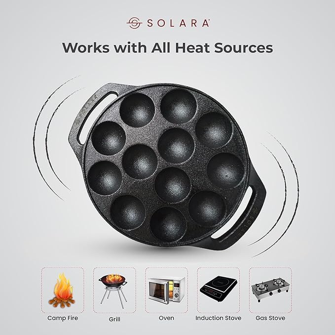 Solara Pre Seasoned Cast Iron Paniyaram Pan 12 Cavities 8 Inch 20 cm Appam Patra