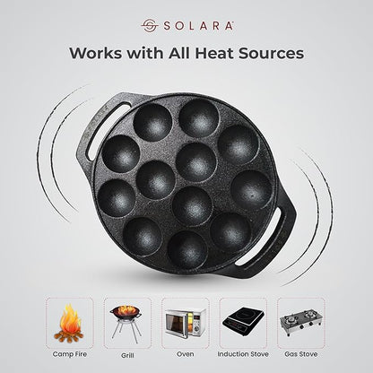 Solara Pre Seasoned Cast Iron Paniyaram Pan 12 Cavities 8 Inch 20 cm Appam Patra
