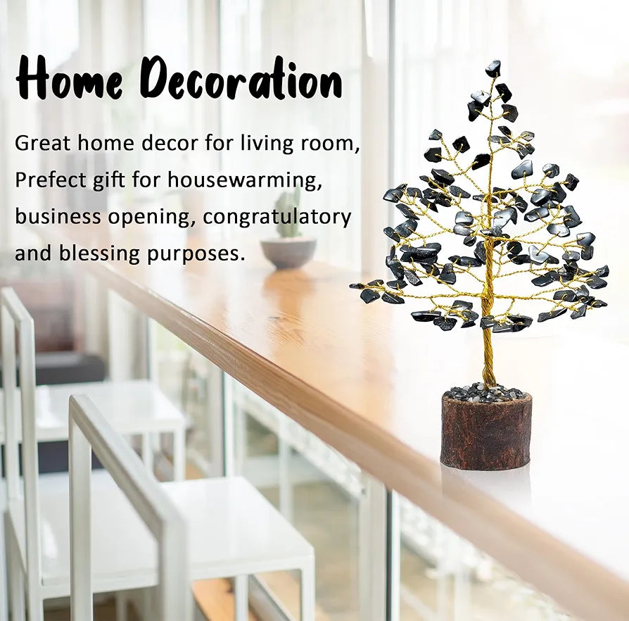Crocon Black Tourmaline Gemstone Money Tree Feng Shui Bonsai Golden Wire