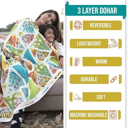 Divine Casa 120 GSM Super Soft Glace Cotton 3 Layer Breathable Single AC Quilt Reversible Blanket TC - 120 Colour Blue and Green
