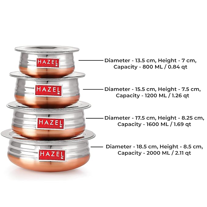 Hazel Copper Bottom Urli Handi Set with Lid Cover Stainless Steel Cookware Set Of 4 Serving Cooking