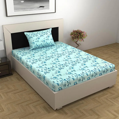 Divine Casa Bedsheet for Single Size Bed 144 TC Cotton Bedsheet for Single Size Bed with 1 Pillow Cover  Floral Colour Frost Blue