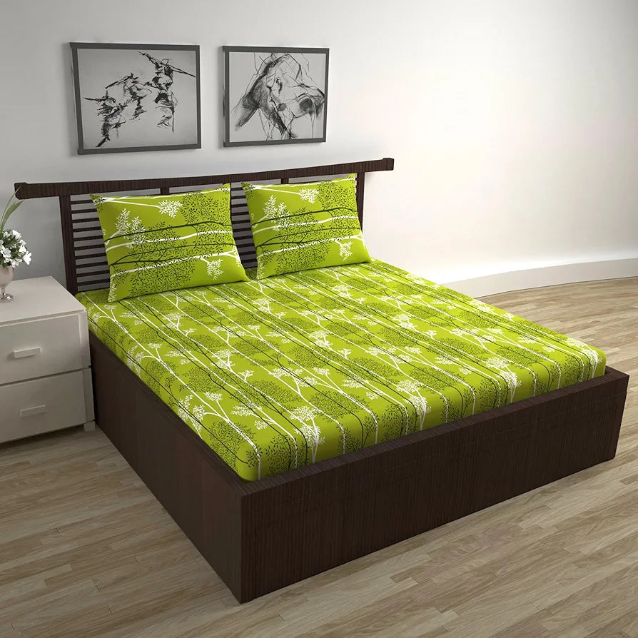 Divine Casa Double Size Bedsheet for Double Bed, 144 TC Pure Cotton Queen Size with 2 Pillow Covers Floral Colour Green & White