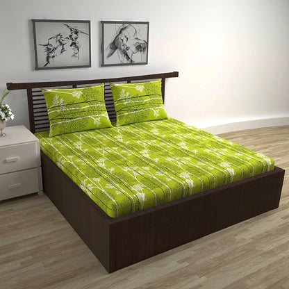 Divine Casa Double Size Bedsheet for Double Bed, 144 TC Pure Cotton Queen Size with 2 Pillow Covers Floral Colour Green & White