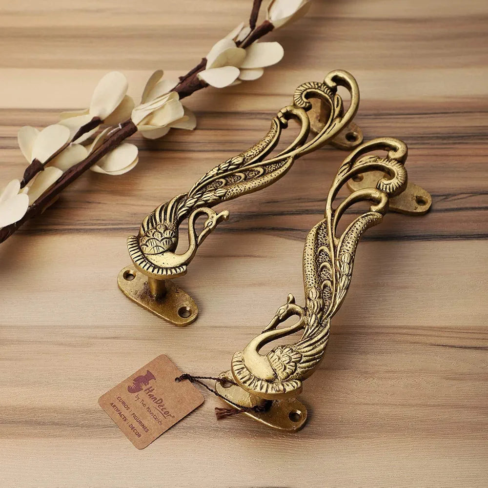 Two Moustaches Peacock Design 7 Inches Brass Door Handle Pair - Antique Yellow Standard
