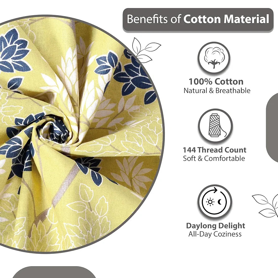 Divine Casa 144 TC 100% Cotton Double Bedsheet with 2 Pillow Covers Floral Pattern Colour Lemon Drop
