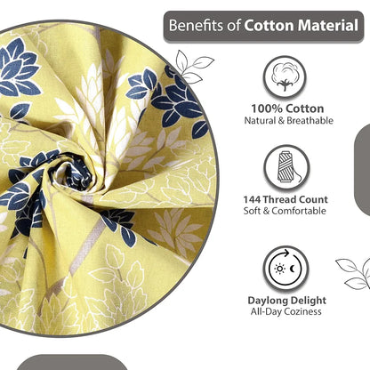Divine Casa 144 TC 100% Cotton Double Bedsheet with 2 Pillow Covers Floral Pattern Colour Lemon Drop