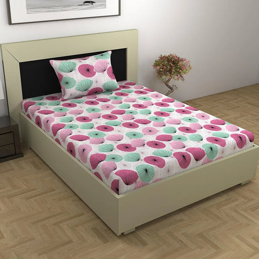 Divine Casa 144 TC 100% Cotton Single Bedsheet with 1 Pillow Cover Floral Pattern Colour Dusty Pink