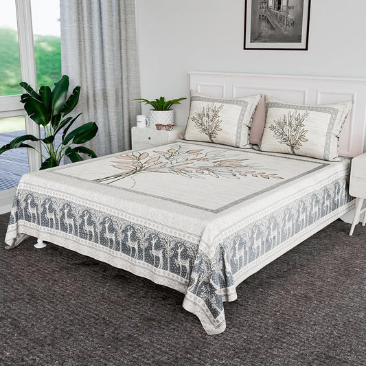 Kuber Industries Cotton Bedsheets for Double Bed with 2 Pillow Covers Photo Frame Tree Print Blue