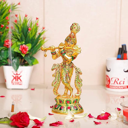KridayKraft Lord Krishna Metal Statue Krishna idol Murti Playing Flute for Temple Pooja idol