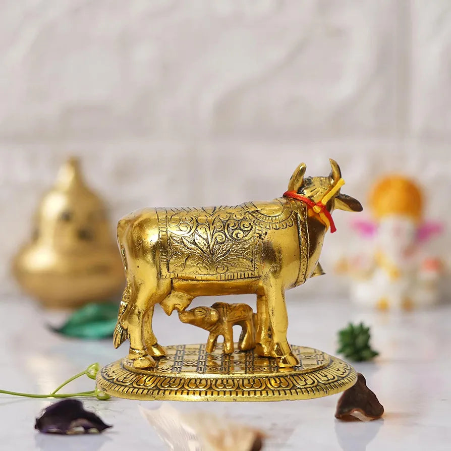 Chhariya Crafts Oxidized Metal Krishna With Religious Kamdhenu Cow With Calf Handmade Handicraft Gold