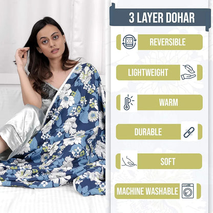 Divine Casa 120 GSM Microfiber Single Dohar Soft & Lightweight Throw Blanket Floral Pattern Colour Galaxy Blue & White