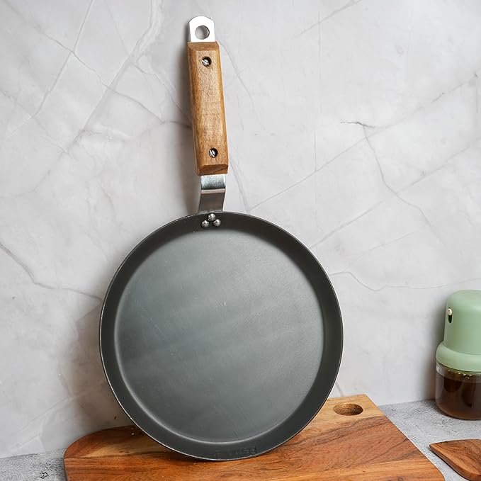 Femora 10 Inchs Iron Flat Tawa With Wooden Handle | Tawa for Roti