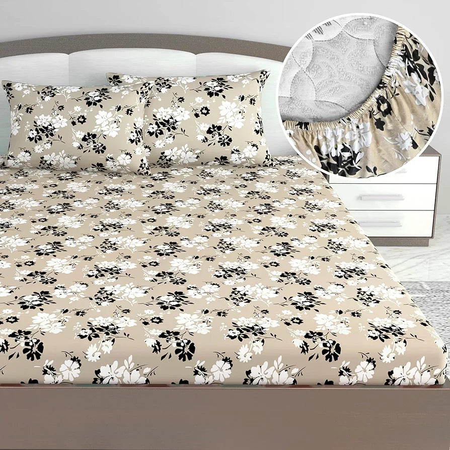 Divine Casa Floret 100% Cotton King Fitted Bedsheet 144 TC Deep Pocket Design Soft & Breathable Fabric Colour Ivory Sunflowers