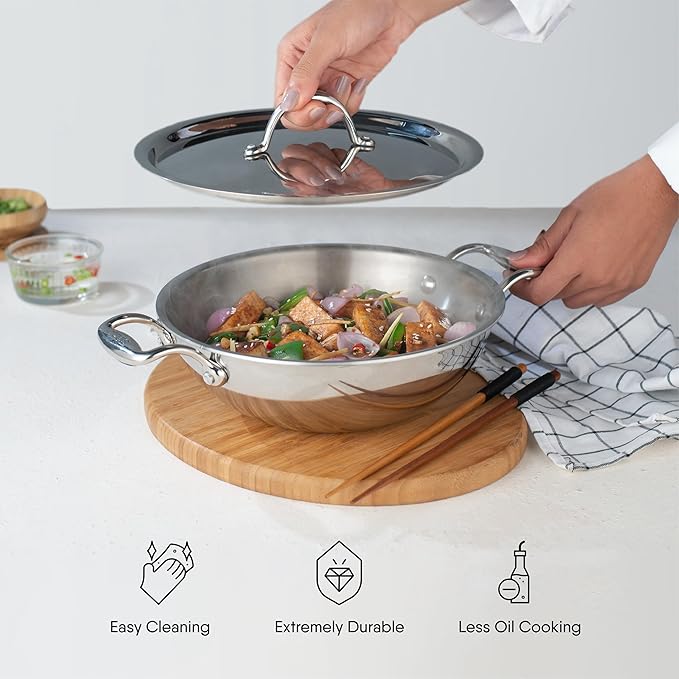 Stahl Artisan Triply Stainless Steel Kadhai With Lid, Kadai for Cooking | Induction & Gas Stove Compatible | 4.4 L | 28 Cm