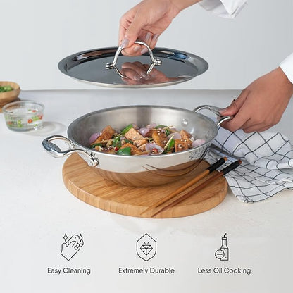 Stahl Artisan Triply Stainless Steel Kadhai With Lid, Kadai for Cooking | Induction & Gas Stove Compatible | 4.4 L | 28 Cm