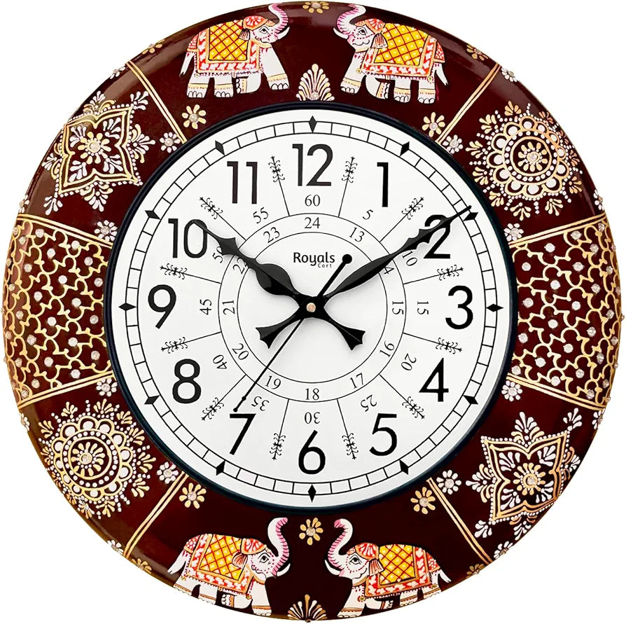 RoyalsCart Ethnic Handcrafted Decorative Analog Wall Clock with Rajasthani Elephant Painting Brown Wooden Clock [KTWC191N] Rajasthani Elephant Painting