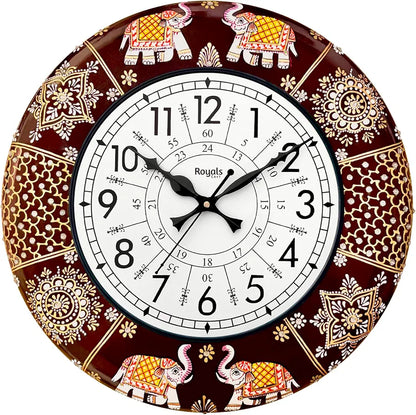 RoyalsCart Ethnic Handcrafted Decorative Analog Wall Clock with Rajasthani Elephant Painting Brown Wooden Clock [KTWC191N] Rajasthani Elephant Painting