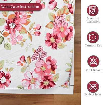 Divine Casa Floret 100% Cotton Double Fitted Bedsheet 144 TC Colour Rosy Retreat