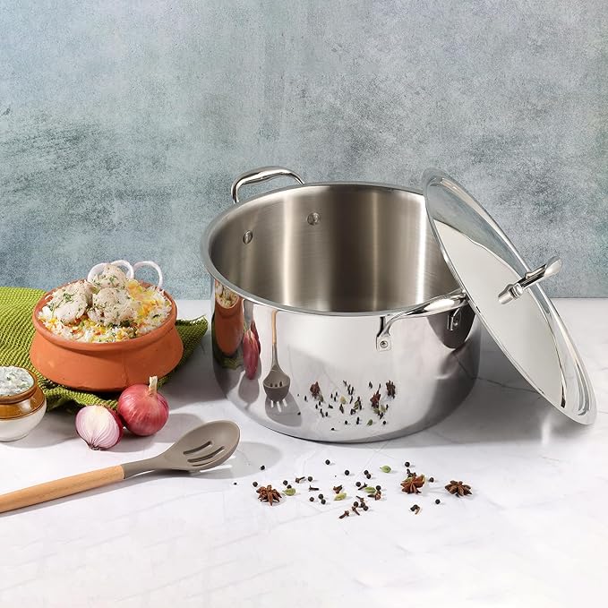 Vinod Platinum Triply Stainless Steel Biryani Pot with Lid - 11 Litre, 30 cm | Heavy Bottom | Riveted Handle| Cooking Pot