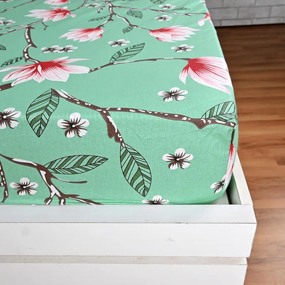 Divine Casa Floret 100% Cotton King Fitted Bedsheet 144 TC Deep Pocket Design Soft & Breathable Fabric Colour Blossom Haven Mint