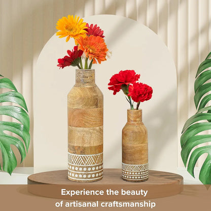 Behoma Boho Engraved Design Wooden Flower Vase Set of 2 Bottle Shape Natural Light Brown Finish Flowers not Included