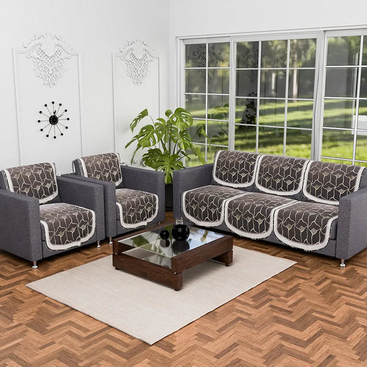 Kuber Industries Set of 10 Anti-Skid Sofa Cover 5-Seater Arabica Look Brown & Golden Foil