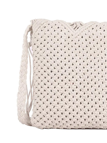 Astrid Handmade Macrame Flap Over Sling Bag For Girls And Women Colour Soothing White Purplish