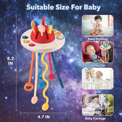 Kidology Montessori Teething Toy Set for Toddlers Food-Grade Pull String UFO Red