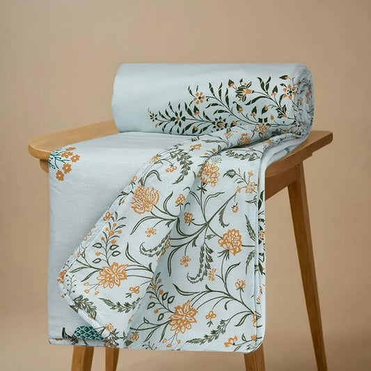 Huesland 100% Cotton Reversible Dohar Single Bed Cotton | Soft Cambric Weave, All Weather Light Ac Blanket | Botanical Fusion - Celest Blue, Green & Mustard