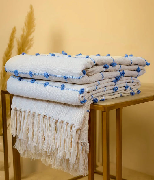 Sajavat Home Hand Knitted Pure Cotton Sofa Throw Colour Beige & Blue