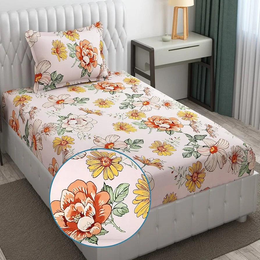Fresh From Loom Floral Print Microfiber Single Bed Bedsheet Set Anti Fade 240 TC 1 Pillow Covers Soft-Pink