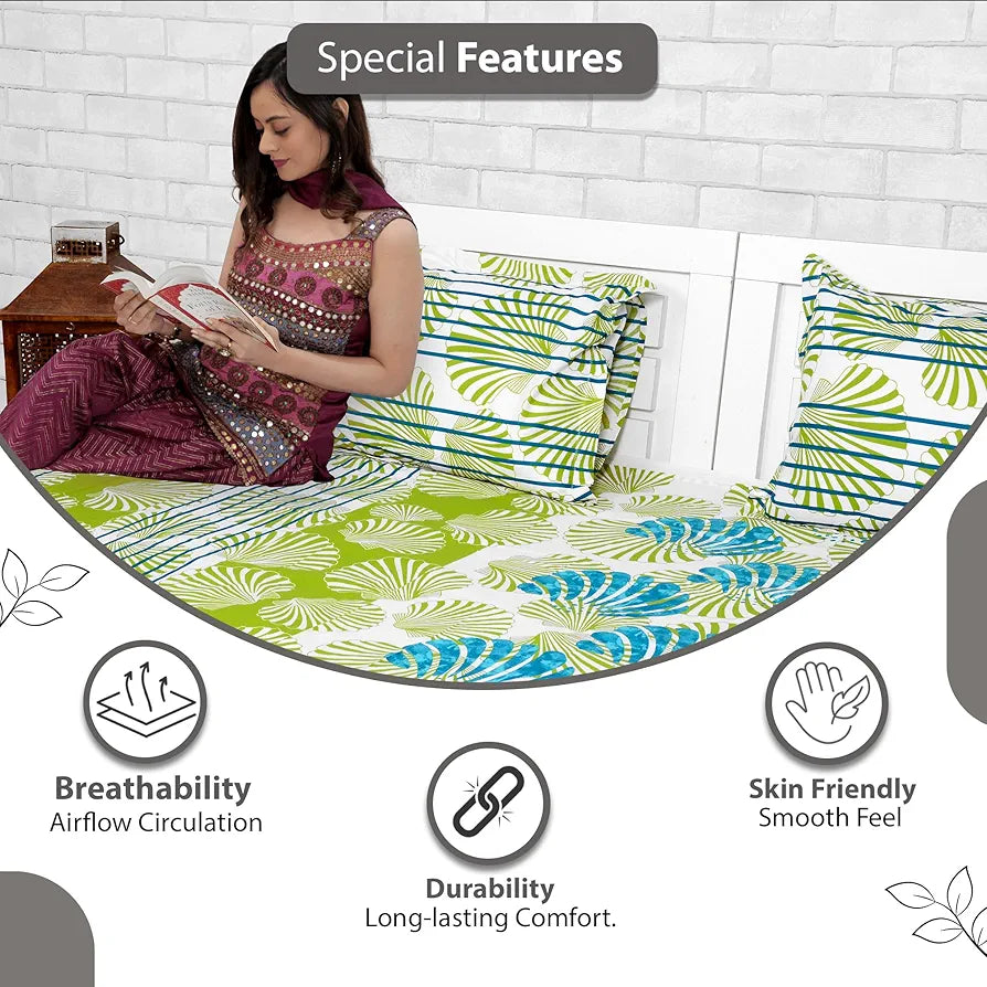 Divine Casa 100% Cotton 144 TC Bedsheet for Double Bed King Size Bedsheet with 2 Pillow Covers Colour Ocean Green