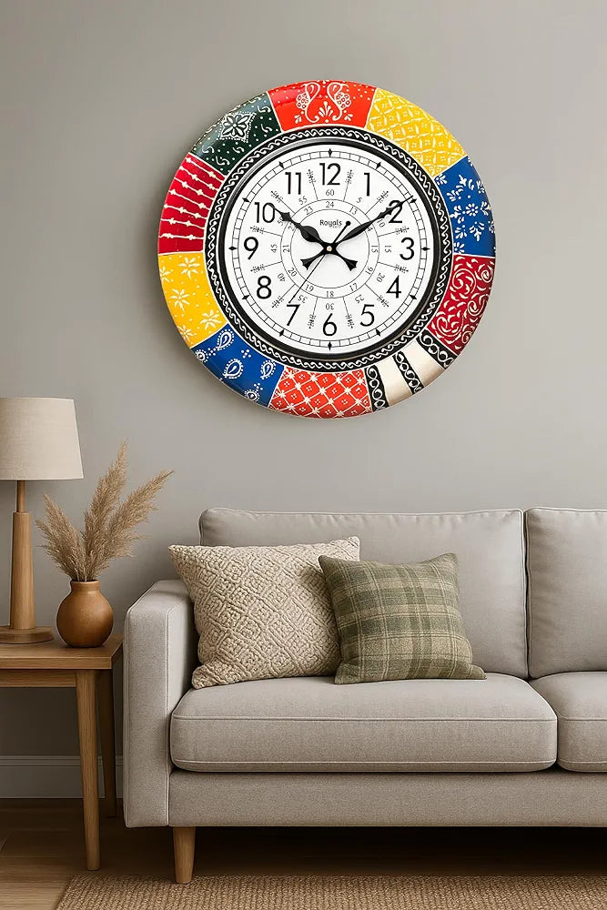 RoyalsCart Ethnic Handcrafted Decorative Wall Clock with Rajasthani Painting Multicolour Wooden Clock [KTWC139N] Boistrous Designer Painting