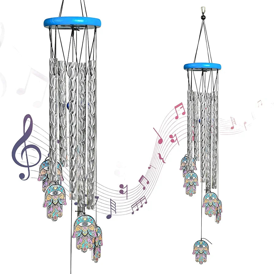 Wind Chimes for Balcony and Home 6 Hamsa Hand 5 Silver Pipe Wind Chime -014